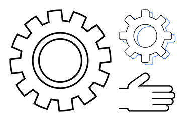 Gear icons of different sizes next to an open hand illustrating teamwork, process optimization, and collaboration. Ideal for technology, mechanics, support, problem-solving, growth, innovation