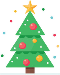 Christmas tree vector with glowing star and ornaments flat colorful design