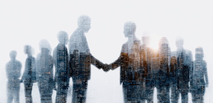 Business people silhouettes overlaid with a glowing city skyline at night.