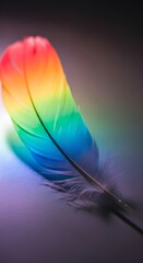 A vibrant rainbow feather rests gently on a smooth, reflective surface