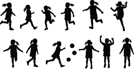 silhouette, child, vector, kid, boy, girl, play, run, jump, ball, sport, motion, cad, drawing, illustration
