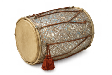 Dholak drum, decorated with mirror work and tassels, representing indian folk music and culture on transparent background