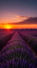 Lavender field stretches towards a breathtaking sunset with golden light