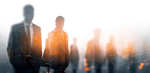Silhouettes of business people overlaid with a bright city skyline at night.