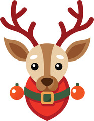 Reindeer head vector with red nose and decorated harness flat festive Christmas icon