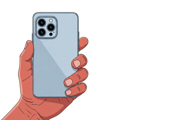 Adult hand with reddish-brown skin tone holding a light blue-grey smartphone, preparing to take a photo, on a transparent background with copy space, flat vector illustration, concept of mobile