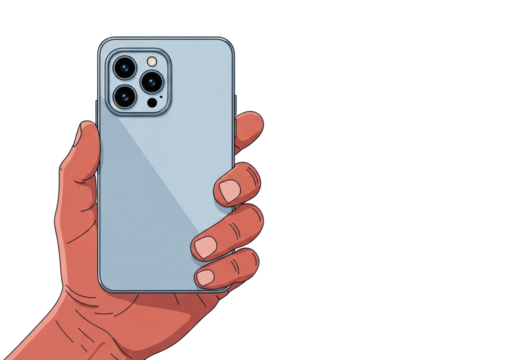 Adult hand with reddish-brown skin tone holding a light blue-grey smartphone, preparing to take a photo, on a transparent background with copy space, flat vector illustration, concept of mobile