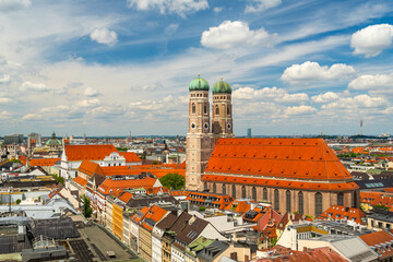 Frauenkirche Church on Sunny Summer Day. Munich Skyline. Old Town. Bavaria, Germany. View from Tower of Alter Peter