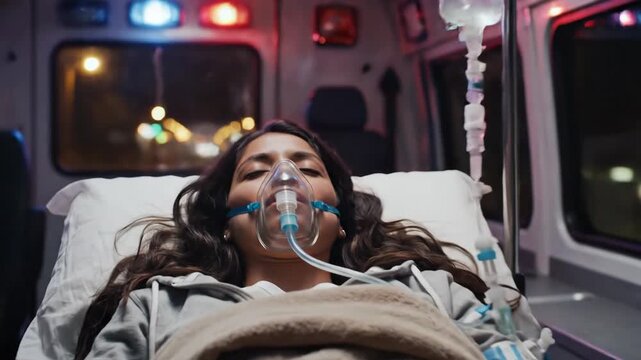 young indian woman with oxygen mask on stretcher in ambulance. patient receiving emergency medical care with iv drip. first aid, accident, and healthcare concept.