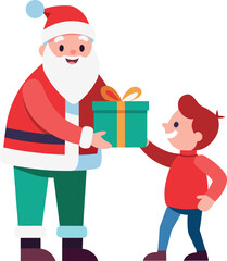 Flat Colorful Vector Illustration of Santa Claus Giving Christmas Gift to Happy Child, White Background