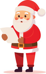 Full-Body Flat Colorful Vector Illustration of Santa Claus Reading Long Christmas Wish List for Kids.