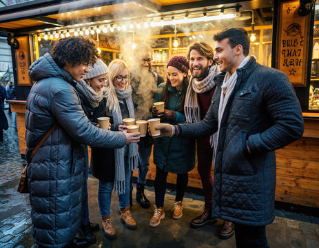 A group of people are standing outside a coffee shop, holding cups of coffee
