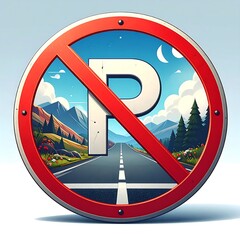 A no-parking sign featuring a landscape with road, mountains, sky, and trees