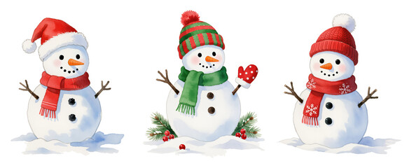 Three watercolor Christmas snowmen in festive hats and scarves, isolated on transparent or white background.