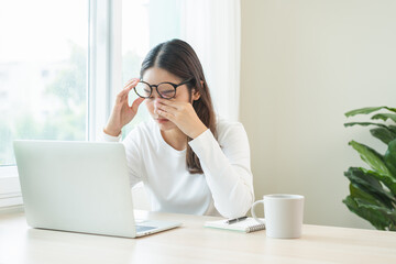 Eye problem concept, fatigue asian young woman tired eyes, irritated rubbing eye dry relief vision...
