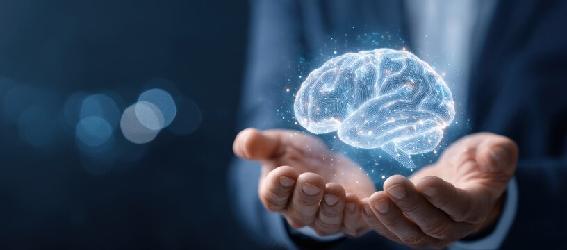Glowing digital brain hologram held in cupped human hands.