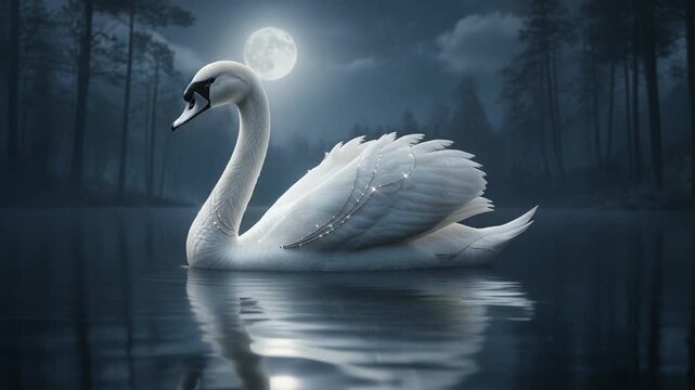 ein wei&szlig;er Schwan mit silbernem Schnabel und glitzernden Diamanten im Gefieder schwimmt bei Vollmond auf einem See