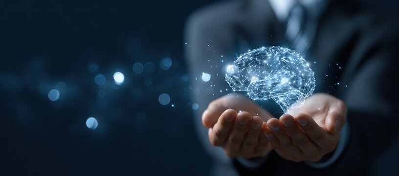 Businessman holds glowing digital brain structure over dark background