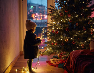 A little girl is standing in front of a Christmas tree