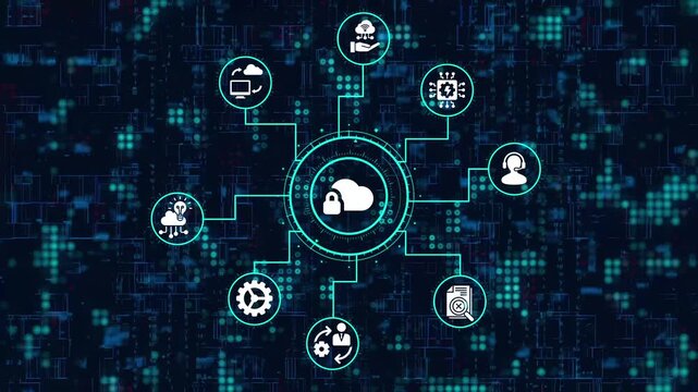 Cloud computing and data security concept, showing data center, cloud network, server, firewall, and encryption technology for secure information management