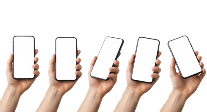 Multiple clean hands, varying light to medium skin tones, linearly arranged, holding sleek black smartphones with transparent screens, against a transparent studio background, concept for modern