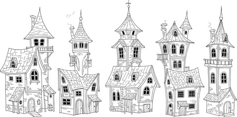 Naklejka premium Fantasy house lineup vector—storybook architecture, tall towers, quirky roofs for magical, fairytale, and imaginative design themes 