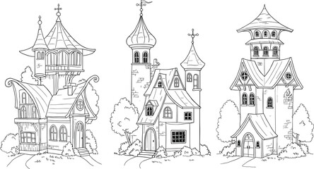 Naklejka premium Fantasy house illustration—three whimsical buildings with towers, curved roofs, and storybook charm, black-and-white vector architectural line art