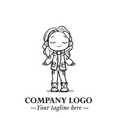 Obraz premium Black and White Chibi Girl Standing in Jacket, Pants, and Boots. Simple Bold Vector Illustration 