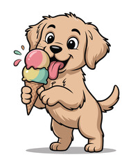 Obraz premium Cute labrador puppy holding ice cream cone vector illustration with happy smiling expression
