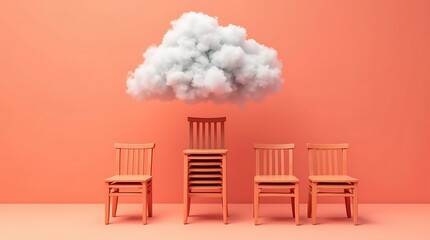 Surreal Orange Chair Stack with Floating Cloud on Monochrome Background
