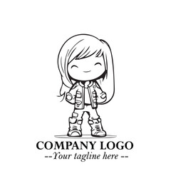 Black and White Chibi Girl Standing in Jacket, Pants, and Boots. Simple Bold Vector Illustration
