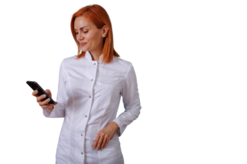 Woman doctor in white coat texting on smartphone, smiling while connecting with patients or colleagues, transparent background