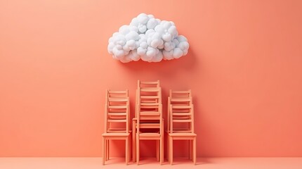 Surreal Orange Chair Stack with Floating Cloud on Monochrome Background
