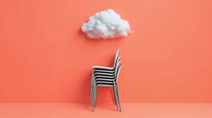 Surreal Orange Chair Stack with Floating Cloud on Monochrome Background
