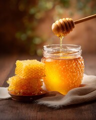 Golden Honey Dripping from Dipper into Jar Next to Natural Honeycomb on Wooden Table