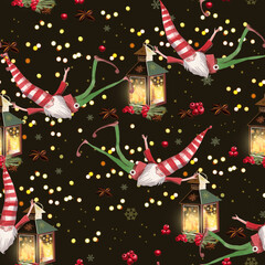 christmas seamless background with scandinavian gnomes and lanterns