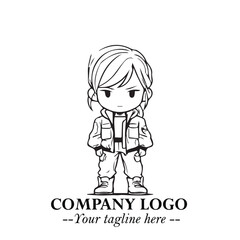 Black and White Chibi Girl Standing in Jacket, Pants, and Boots. Simple Bold Vector Illustration
