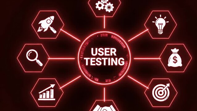 User testing concept with a digital interface showing related business icons for development and research
