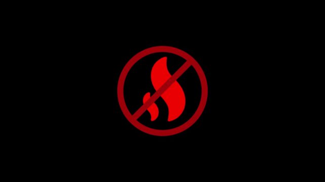 A sign prohibiting making fire. No fire. Danger symbol on black background.Flame icon animation .