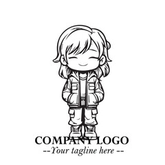 Black and White Chibi Girl Standing in Jacket, Pants, and Boots. Simple Bold Vector Illustration
