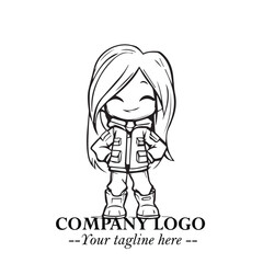 Black and White Chibi Girl Standing in Jacket, Pants, and Boots. Simple Bold Vector Illustration
