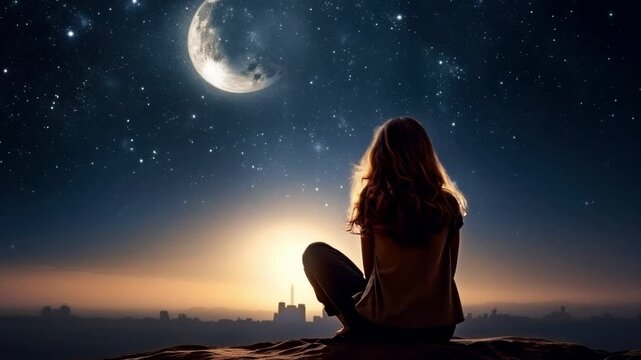 A serene night scene with a woman sitting on a cliff, gazing at the moonlit sky. Captured from behind, this video evokes tranquility and wonder.