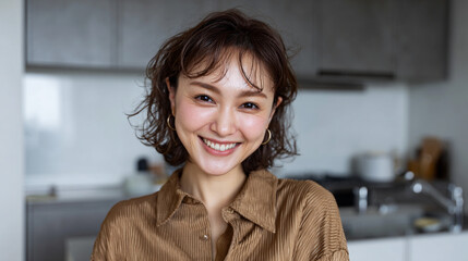 Happy Asian woman on her new kitchen.