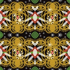Seamless fabric pattern, Bohemian, yellow, green, orange, black, white, geometric pattern, antique style, native american style, fabric, black background