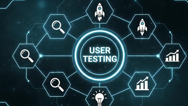 Futuristic digital interface showing the user testing concept with interconnected business icons