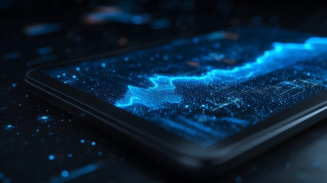 Digital tablet displays glowing abstract data visualization with blue light
