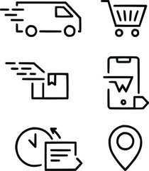 E-commerce Shipping Outline Icon Pack Courier Van, Online Order, and Fast Service