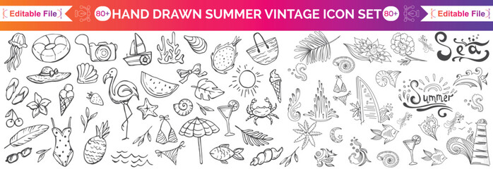Hand-drawn beach-themed vector set with summer doodles like waves, palm trees, shells, crabs, sunglasses, and surfboards. Perfect for vacation designs, t-shirt prints, and tropical projects.