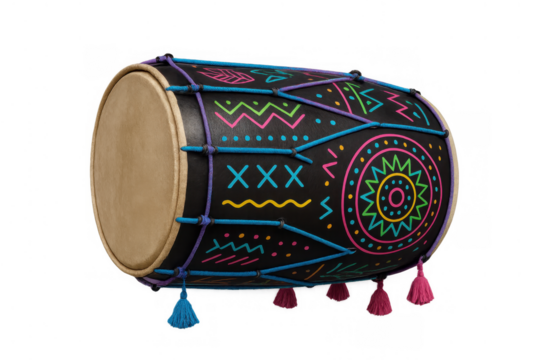 Dholak drum featuring colorful ethnic patterns and joyful decorative details, creating musical rhythm and cultural celebration