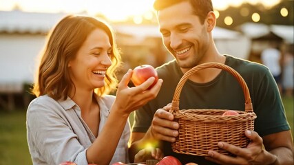 man and woman laugh joyfully selecting ripe red apples at outdoor farmer's market. golden sunset light illuminates happy moment. wicker basket signifies autumn harvest, organic food shopping.